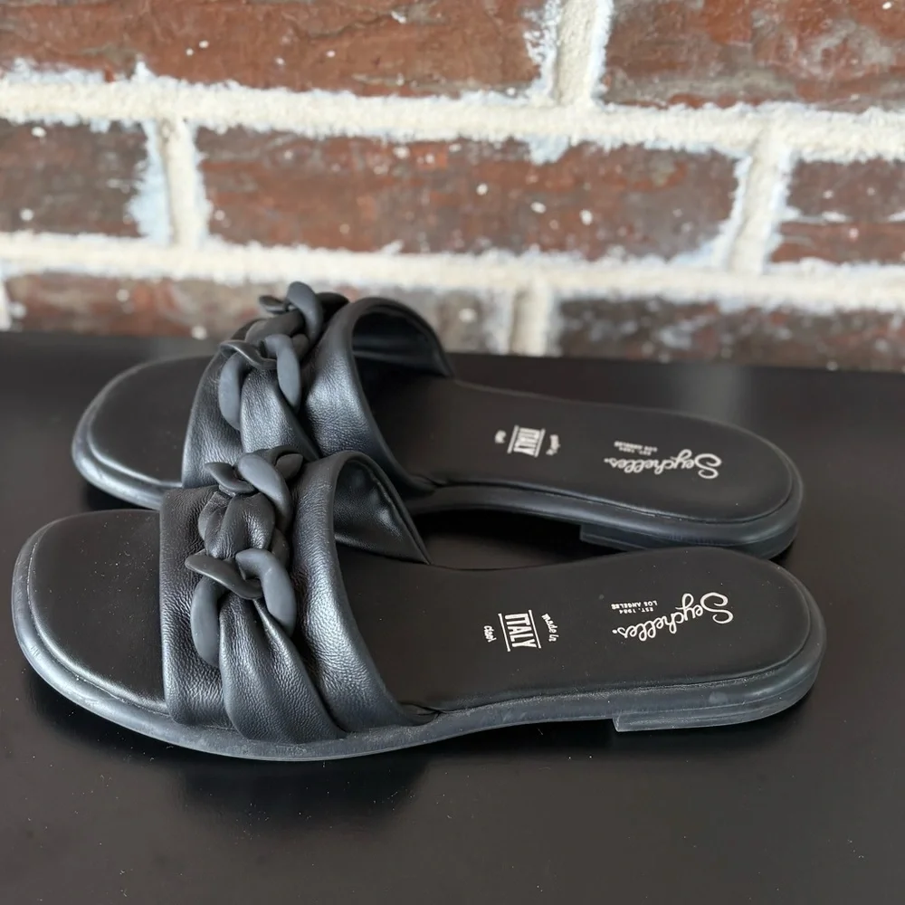 Seychelles Tulum Black Chain Leather Slide Sandals Shoes Size 9.5 - Picture 4 of 13
